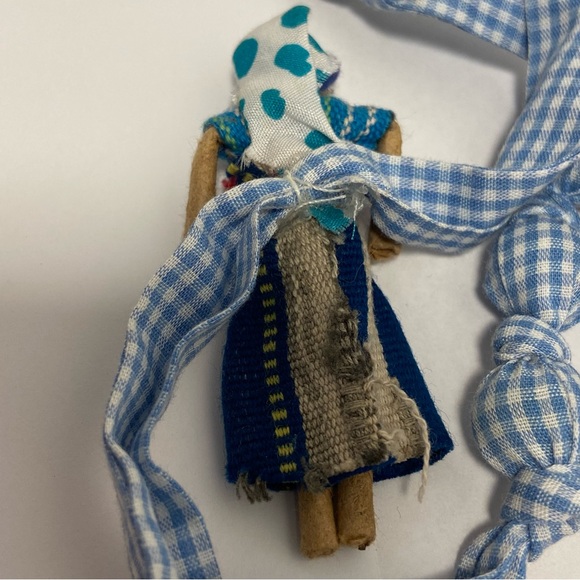 Vintage Folk Art Asian DOLL Fabric Handmade Cloth Necklace Blue Check Tie - Picture 13 of 15